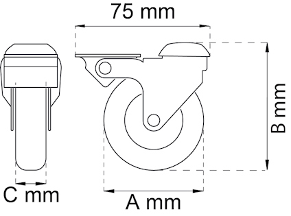 Ritning av en svängbar hjulmontering med mått: 75 mm bredd, A mm hjuldiameter, B mm total höjd, och C mm hjulbredd.