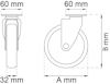 Måttsatt ritning av en möbelhjul med bredd 60 mm, höjd 60 mm, hjulbredd 32 mm. Höjden betecknad som B och en annan längd som A.