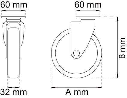 Måttsatt ritning av en möbelhjul med bredd 60 mm, höjd 60 mm, hjulbredd 32 mm. Höjden betecknad som B och en annan längd som A.