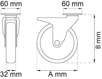 Ritning av hjul med måtten 60 mm, 32 mm bredd och höjd B mm.