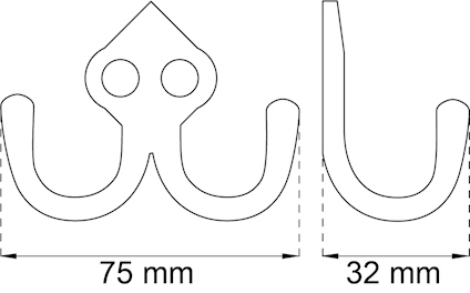 Svartvit ritning av metallkrok med mått 75 mm och 32 mm angivna.
