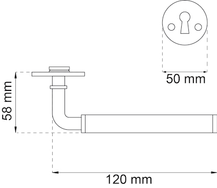 Teknisk ritning av dörrhandtag med mått 58 mm och 120 mm, samt nyckelskylt med diameter 50 mm.