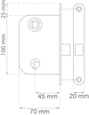 Ritning av låshus med mått: 100x70 mm, 25 mm djup, 45 mm avstånd till nyckelhål, beslag 20 mm.