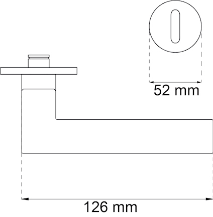 Teknisk ritning av en L-formad kran. Mått: 126 mm i längd och 52 mm i diameter upptill.