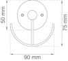 Ritning av en cirkulär väggmonterad krok med måtten 90 x 75 x 50 mm.