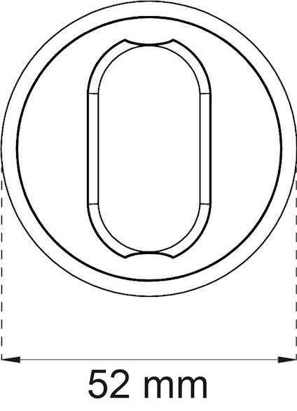 Ritning av ett cirkulärt föremål med en oval detalj i mitten, diameter 52 mm.