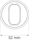 Ritning av en cirkulär form med ett ovalt hål i mitten, diameter angiven som 52 mm.