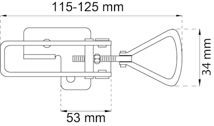 Diagram av en låsmekanism med måtten 115-125 mm i längd, 34 mm i höjd och 53 mm i bredd.
