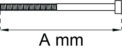Illustration av en skruv med platt huvud, märkning "A mm" som symboliserar längden.