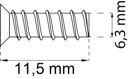 Ritning av en skruv med dimensionerna 11,5 mm längd och 6,3 mm diameter.