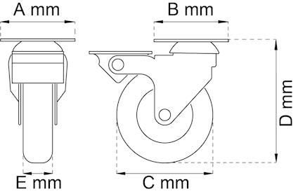 Ritning av en länkhjulsmekanism med märkta dimensioner: A mm, B mm, C mm, D mm, E mm.