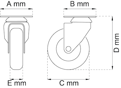 Ritning av svänghjul med måttspecifikationer: A mm, B mm, C mm, D mm, E mm.