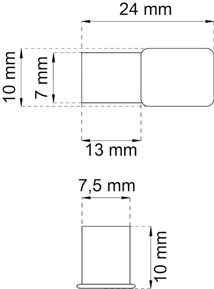 Ritning av två rektangulära former med måtten 24x10 mm och 13x10 mm, samt höjd 7 mm och 7,5 mm.