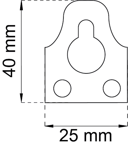 Ritning av en metallkomponent med måtten 40 mm höjd och 25 mm bredd, visande två hål och en central slits.