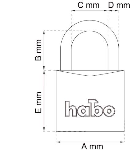 Ritning av hänglås med måttangivelser A, B, C, D, E mm, och texten "habo" på låskroppen.