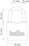 Ritning av hänglås med texten "habo". Måtten A mm, B mm, C mm, D mm och E mm markerade.