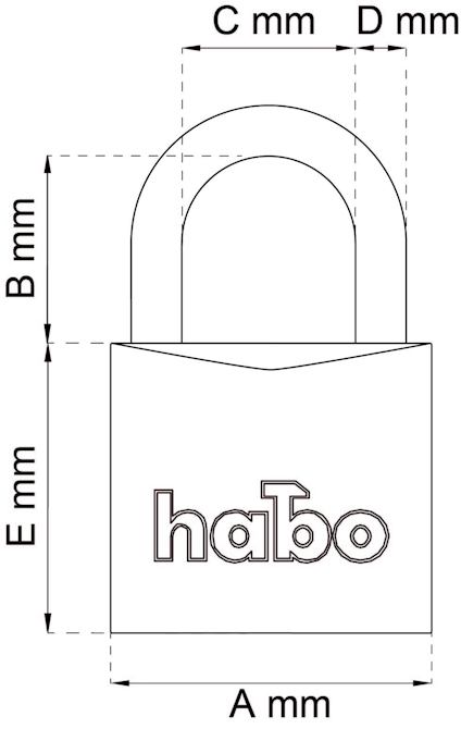 Ritning av hänglås med texten "habo". Måtten A mm, B mm, C mm, D mm och E mm markerade.