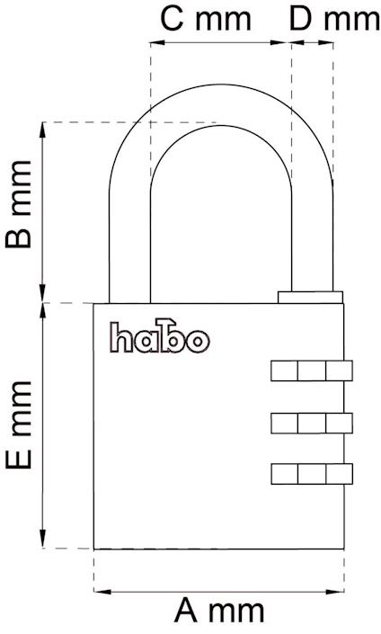 Illustration av ett kombinationslås med dimensionerna A, B, C, D och E markerade. Texten "habo" synlig på låset.