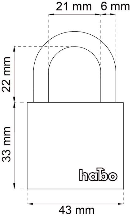 Illustration av ett hänglås med mått: 43 mm bredd, 33 mm höjd, 22 mm båghöjd, 21 mm bågbredd, 6 mm bågtjocklek. Text: