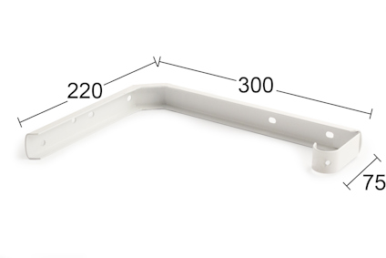 Vit L-formad metallvinkel med måtten 220 mm, 300 mm, och 75 mm markerade.