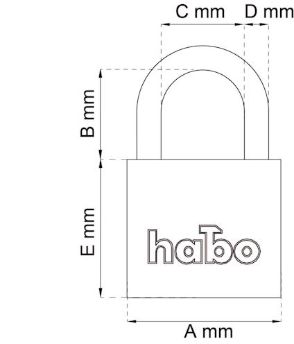 Illustration av ett hänglås med måttangivelser A, B, C, D och E mm samt texten "habo".