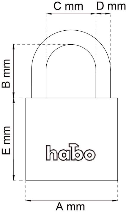 Illustration av hänglås med måtten A, B, C, D och E mm markerade samt texten "habo" på låskroppen.