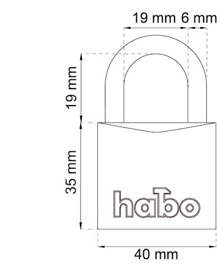 Hänglås med mått: 19 mm bygelbredd, 6 mm bygeldiameter, 19 mm bygelhöjd, 35 mm låshus, 40 mm bredd, text "habo".