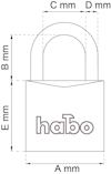Illustration av hänglås med dimensionerna A mm, B mm, C mm, D mm, E mm, och texten "habo".
