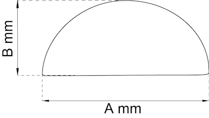 Ritning av en halvcirkelform med måtten A mm i basen och B mm i höjden.