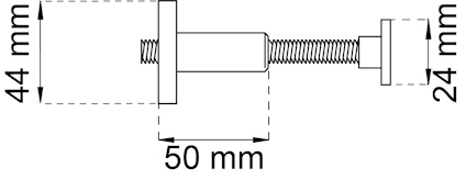 Ritning av gängad stång med bricka och mutter, mått 44 mm och 50 mm, samt 24 mm längd annoterade.