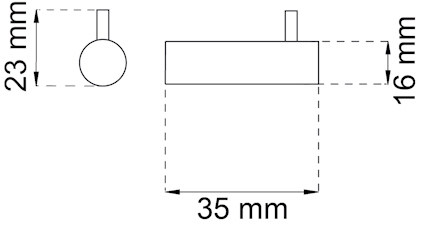 Måttskiss av ett objekt med diameter 23 mm, höjd 35 mm, och extruderad del på 16 mm.