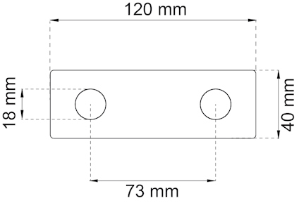 Rektangulär platta med måttangivelser: 120 mm x 40 mm. Två cirkulära hål, 18 mm i diameter, med 73 mm avstånd.