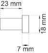 Svartvit teknisk ritning av en cylinder med mått: längd 23 mm, diameter 18 mm, utskott 7 mm.