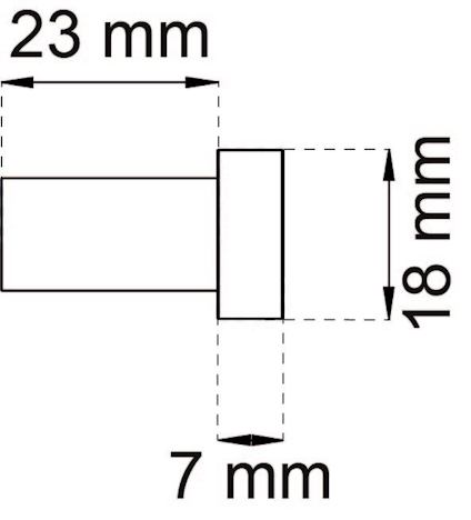 Svartvit teknisk ritning av en cylinder med mått: längd 23 mm, diameter 18 mm, utskott 7 mm.