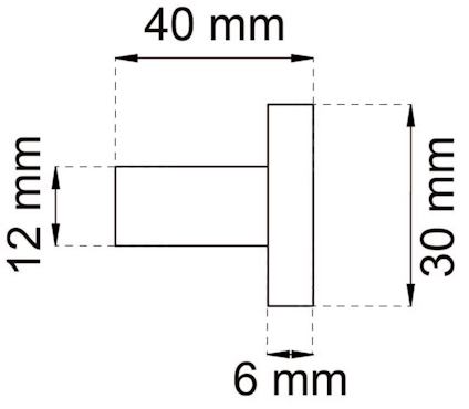 Teknisk ritning av objekt med dimensionerna: 40 mm bredd, 30 mm höjd, 6 mm tjocklek, och en 12 mm lång axel.