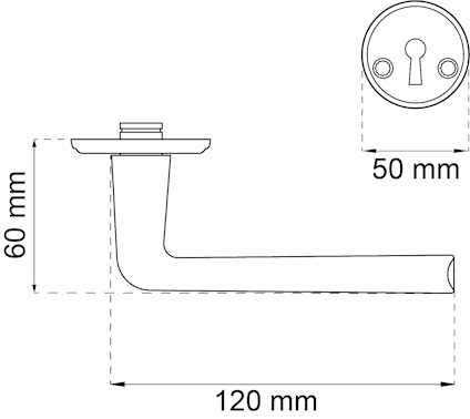 Ritning av dörrhandtag med dimensioner: längd 120 mm, höjd 60 mm, och rosettens diameter 50 mm.
