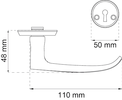 Ritning av dörrhandtag med mått: 48 mm hög, 110 mm lång; nyckelskylt 50 mm i diameter.