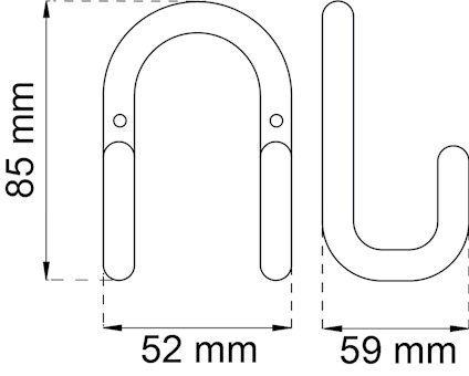 Illustration av ett U-format föremål med måtten 85 mm höjd, 52 mm bredd och 59 mm djup.