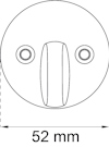 Diagram av en rund komponent med två hål och en central vridknapp, markerad med “52 mm” under.