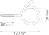 Teknisk ritning av en skruvögla. Mått: 120 mm längd, 28 mm höjd på öglan, 50 mm skruvlängd.