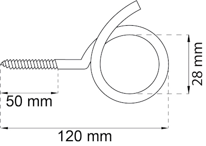 Teknisk ritning av en skruvögla. Mått: 120 mm längd, 28 mm höjd på öglan, 50 mm skruvlängd.