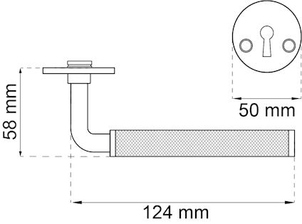 Ritning av dörrhandtag med måtten 124 mm och 58 mm samt nyckelskylt på 50 mm i diameter.