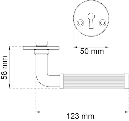 Illustration av dörrhandtag med mått: diameter 50 mm för rosett, längd 123 mm och höjd 58 mm.