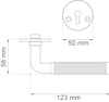 Illustration av dörrhandtag med mått: total längd 123 mm, höjd 58 mm, och rosettens diameter 50 mm.