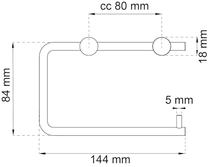 Ritning av en handdukshållare med måtten 144 x 84 mm och cc-mått 80 mm. Rördiameter 18 mm, väggavstånd 5 mm.