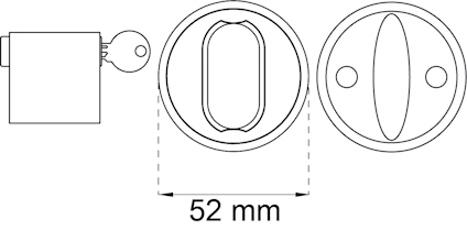 Teknisk ritning av ett nyckelhålsskydd med måttet 52 mm.