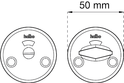 Ritning av ett runt föremål med texten "habo" och två skruvhål, samt måttangivelse 50 mm.