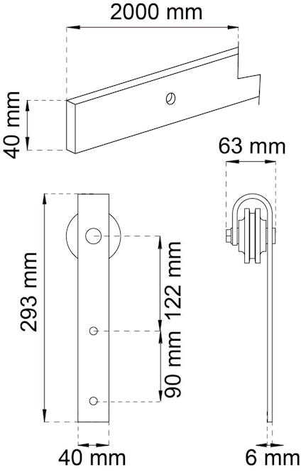 Teknisk ritning av komponent med mått 2000x40 mm, 293x40 mm, 90 mm, 122 mm, 63 mm och 6 mm.