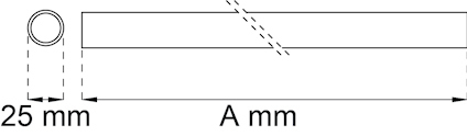 Ritning av ett rör med en diameter på 25 mm och längd markerad som A mm.