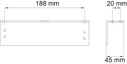 Ritning av en rektangulär plåt med mått: 188 mm längd, 20 mm höjd, och 45 mm bockad del, två hål på sidan.